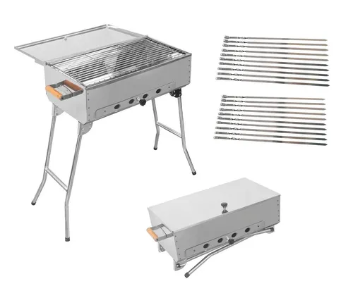 Mangal mit Deckel Holzkohle-Grill aus Edelstahl KLAPPBAR + 20 Spieße 50cm 1,5mm