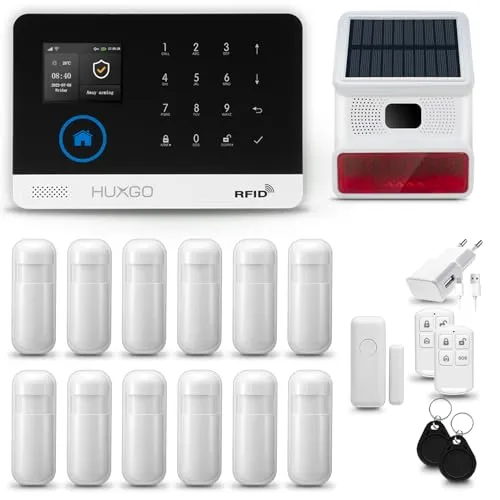 HUXGO® HXA003 Alarmanlage Haus WiFi + GSM 4G mit Funk Sirene Solar | Tuya Smartlife App | Alarm System mit Fenstersensor, 12x Bewegungssensoren | Alarmanlage Wohnung, Garage | Smart Home Security