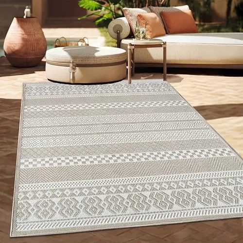 Paco Home Outdoor Teppich Flachgewebe Modern Boho-Style - Teppich für Terrasse, Balkon, Wohnzimmer & Küche, wetterfest und UV-beständig – sorgt für ein stilvolles Ambiente drinnen und draußen!