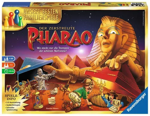 Ravensburger Brettspiel Der zerstreute Pharao - Gesellschaftsspiel für 1-5 Spieler ab 7 Jahren, spannendes Suchen und Merken in den Pyramiden mit Solo-Modus und herausfordernder Variante für Profis.