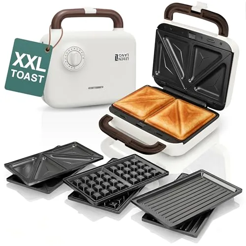 LEBENLANG Sandwichmaker 3 in 1 - 750W mit Grill-, Sandwich- und Waffeleinsätzen - Vielseitiger 3 in 1 Sandwichmaker für knusprige Toasts, Waffeln und Paninis. Mit 750W Leistung und herausnehmbaren Platten für einfache Reinigung. Kompakt und sicher, ideal für jede Küche.
