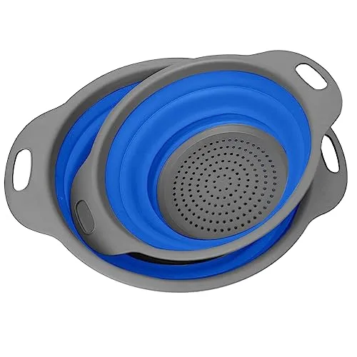 Faltbarer Seiher, 2er Silikon Sieb, platzsparendes Küchensieb, klappbares Nudelsieb, zum Waschen von Obst und Gemüse, 2 Größen, mit Farbbox