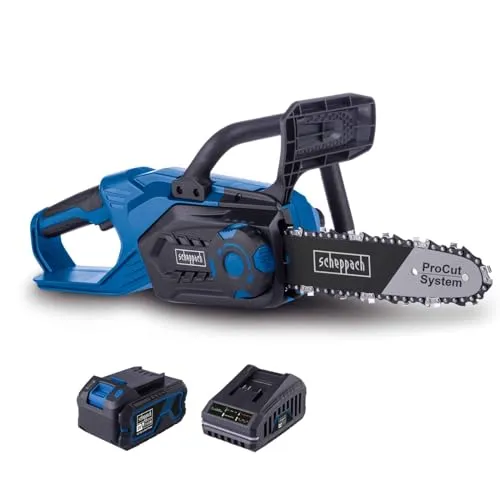Scheppach Akku Kettensäge C-CS254-X | Schnittlänge 20cm | Schwertlänge 25,4cm | Schnittgeschwindigkeit 6m/s | Autom. Kettenschmierung | 20V-IXES-Serie | 10 Jahre Garantie | mit 4Ah Akku & Ladegerät
