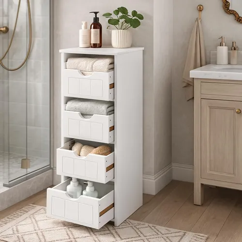Badezimmerschrank, MDF Kommode mit Schubladen, Badschrank Schmal Klein, Beistellschrank mit 4 Schubladen, 30 x 30 x 81 cm, für Badezimmer, Wohnzimmer