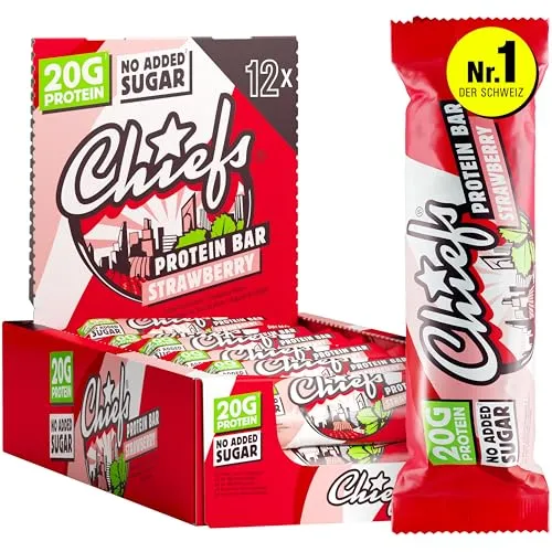 Chiefs High Protein Riegel - 20 g Protein, der köstliche Snack ohne Zuckerzusatz - 12 x 55 g Eiweißriegel ohne Palmöl - Strawberry