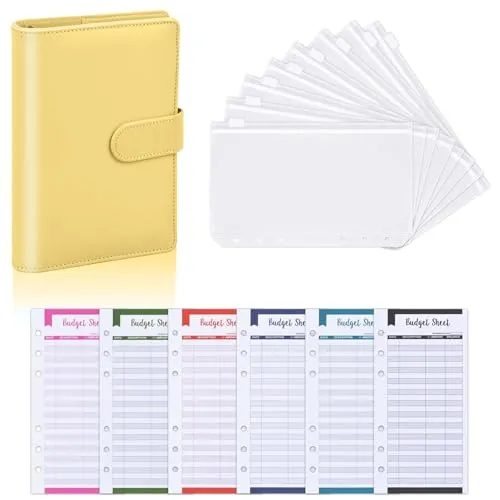 Budget Planner,Briefumschläge Binder,A6 Ringbuch Geld Organizer Leder Notizbuch, Geld Organizer, Sparen Mappe, 8 Pcs Bindertaschen, 12 Pcs Budget Blätter für Schule, Zuhause (Gelb)