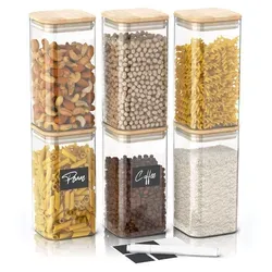 Arendo Aufbewahrungsbecher Glasbehälter-Set 6x 2L - Vorratsgläser-Set aus hitzebeständigem Borosilikatglas, luftdicht und ideal zur Frischhaltung von Lebensmitteln, inklusive Bambusdeckel, Aufklebern und Textmarker.