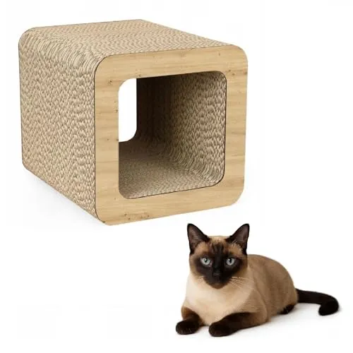 QLS Katzenmöbel aus Wellpappe – 37×30×30 cm – Kratzbrett, Katzenhöhle, Liegeplatz mit Katzenspielzeug & Katzenminze (Sonoma Eiche)