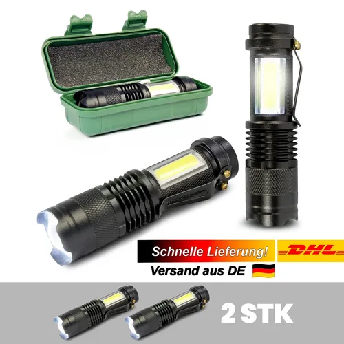 2x Mini LED Taschenlampe USB aufladbar, superhell, XPE + COB Licht, 3 Modi EAXUS