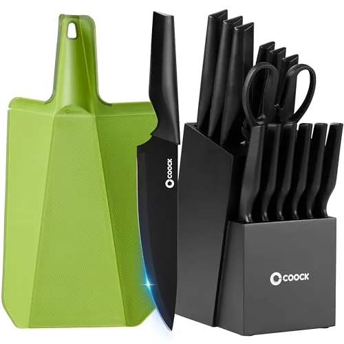 COOCK Messerset 15-teilig mit Messerblock, Faltbarem Schneidebrett & Messerschärfer – Premium Edelstahl Küchenmesser mit Antihaft-Beschichtung – BPA- & PFAS-frei, Modernes Schwarzes Design