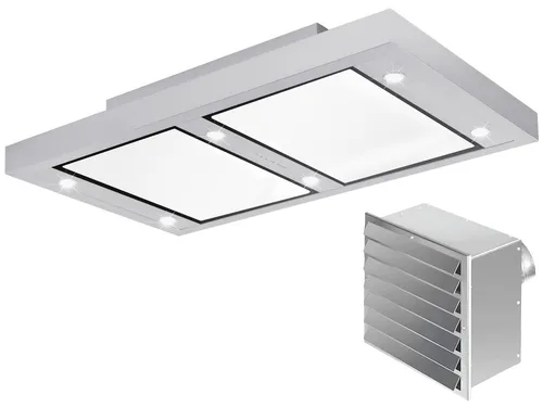 Silverline ALD1241WIWM SET Altena Deckenhaube 120 cm Edelstahl/Weißglas - Elegante 120 cm Deckenhaube im Abluftbetrieb mit externem Innenwandmotor und hoher Luftleistung von 694 m³/h. Bedienung erfolgt bequem über die Fernbedienung.