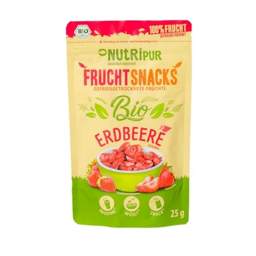 Gefriergetrocknete Erdbeere BIO: 70g getrocknete Erdbeeren für Smoothie Bowl, Müsli, Porridge Topping – Gefriergetrocknete Beeren ohne Zucker Zusatz – Erdbeeren gefriergetrocknet – Obst NutriPur