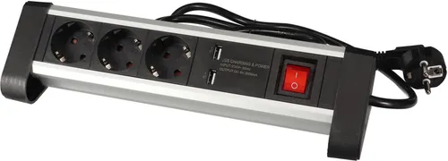 Perel Steckdosenleiste mit Schalter, 3 Steckdosen & 2 USB, 1.4m Kabel