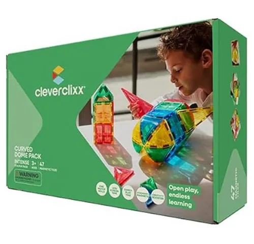 Cleverclixx Kuppel-Bausatz Knallfarben 47 Teile - Magnetspielbausteine für kreative Bauten, inklusive gebogener Teile für außergewöhnliche Konstruktionen und Entwicklung von räumlichem Vorstellungsvermögen.