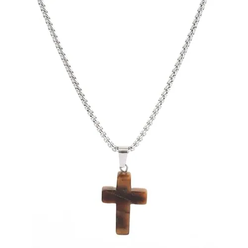 meberg Karma NH10879589 Halskette mit Kreuz für Herren Edelstahl Naturstein Silber 50 cm Kette Herrenschmuck Edelstahlkette Männer Herrenhalskette