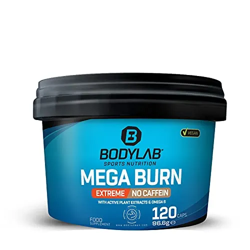 Bodylab24 Mega Burn Extreme No Caffeine 120 Kapseln - Fettverbrenner für Diät und Definition, 100% vegan und koffeinfrei mit hochaktiven Pflanzenstoffen für optimale Unterstützung während der Trainingsphase.