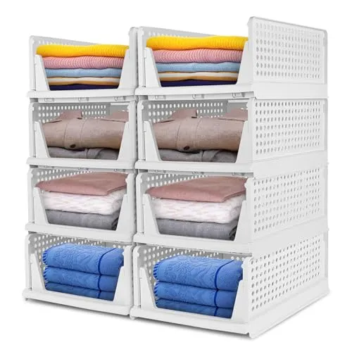 Glovios Kleiderschrank Organizer, 8 Stück Faltbar Stapelbarer Kleiderschrank, Lagerkisten Kleiderkasten Ordnungssystem, Wardrobe Organizer für Kleidung Küchen Schlafzimmer (Weiß)
