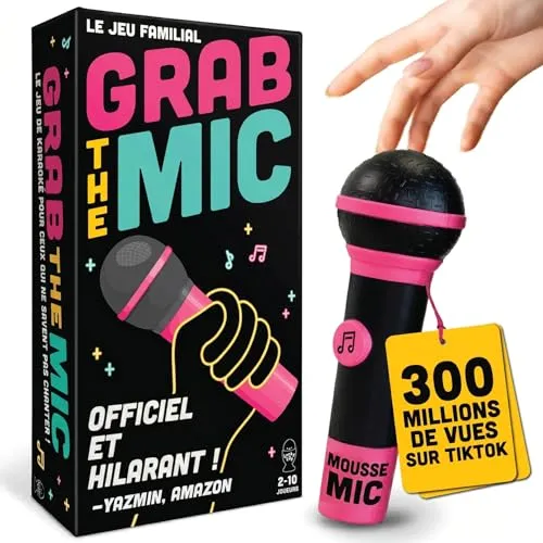 Grab The Mic – Gesellschaftsspiel für die Familie mit Schaumstoffmikrofon – ab 8 Jahren – 2 bis 10 Spieler – Spiele für böse Sänger mit 240 Worten – 120 Karten – Erste Edition