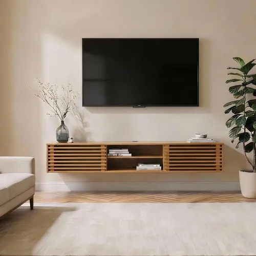 IDIMEX Lowboard RIAN – 175 cm hängend aus massivem Kiefernholz - Elegantes Lowboard im Mid Century Style: Hängend, mit Lamellentüren und offenen Fächern, perfekt für TV und Mediengeräte. Stabil und platzsparend durch Wandmontage.