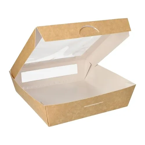 PAPSTAR 25 Feinkostboxen, Pappe mit Sichtfenster aus PLA eckig 1500 ml 19 cm x 19 cm x 5 cm braun
