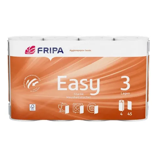 Küchenrollen Fripa Easy 3-lagig, weiß 23x21 cm 4 Rollen 4 Rollen, 45 Blatt je Rolle, 100 Prozent Zellstoff 3074002