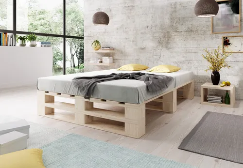 Lermowood Palettenbett M2 140 x 200 cm Natur Holzbett Massivholzbett Bett aus Paletten Seniorenbett Kinderbett Jugendbett