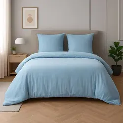 Traumschlaf Musselin Bettwäsche Uni 200x200 cm + 2x 80x80 cm | bleu - blau - Hochwertige gekreppten Musselin Bettwäsche mit Crinkle-Effekt für ein angenehmes Schlafklima. Leicht und weich auf der Haut, pflegeleicht und ideal für entspannte Nächte.