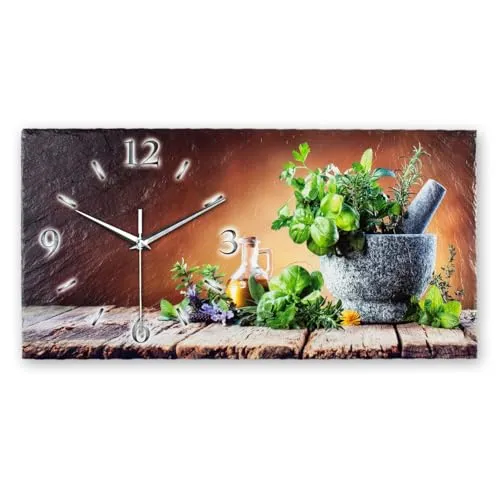 Kreative Feder Designer-Wanduhr Kräuter aus Stein mit Zeigern aus gebürstetem Aluminium - Designeruhr aus Stein mit flüsterleisem Uhrwerk (Kräuter, leises Quarzuhrwerk)