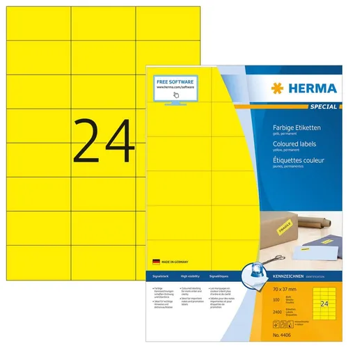 HERMA Universaletiketten 4406 gelb 70x37 mm - Vielzweck-Etiketten, signalstark und auffallend, ideal für Organisation und Beschriftung, hergestellt in Deutschland.