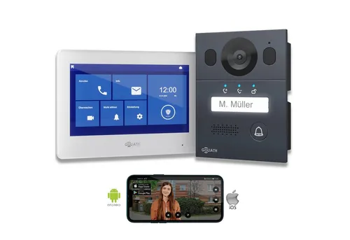 Goliath Intercom Video-Türsprechanlage Goliath Basic Line - 2-Draht Video Türsprechanlage in Weiß/Anthrazit mit Full HD Monitor und Touchscreen, ideal für Privat oder Gewerblich, inklusive POE Stromversorgung und 5 Klingeltönen.