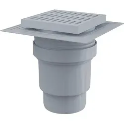 AlcaDrain Bodenablauf 150×150/110 mm mit einem senkrechten Abgang, Rost Grau, Manschette-2. Abdichtung, Geruchsverschluss mit Sperrwasser