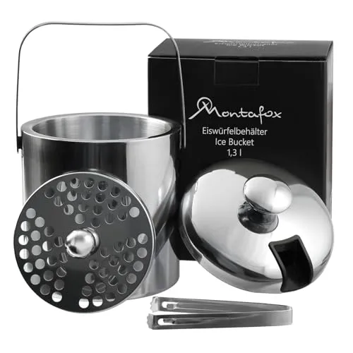 Montafox Edelstahl Eiswürfelbehälter 1,3 Liter - Doppelwandiger Eiskübel - Eiswürfelformen & Eiswürfelschalen: 1,3 Liter Volumen, doppelwandig isoliert für längere Kälte und kein Kondenswasser. Hochwertiger Edelstahl, leicht zu reinigen und mit praktischem Zubehör.