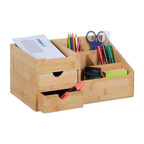 Relaxdays Schreibtisch Organizer aus Bambus, 2 Schubladen, 7 Fächer - Praktischer Schreibtisch Organizer aus natürlichem Bambus mit 7 Fächern und 2 Schubladen. Ideal für mehr Ordnung am Arbeitsplatz und vielseitig einsetzbar, auch im Bad für Kosmetik.