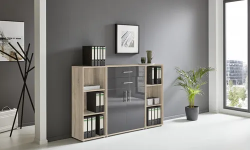 BMG Möbel Regalwand Office Edition Set 13 - Aktenschrank mit modernem Design in Eiche Sonoma und Anthrazit, Made in Germany, ideal für ein stilvolles Büro.
