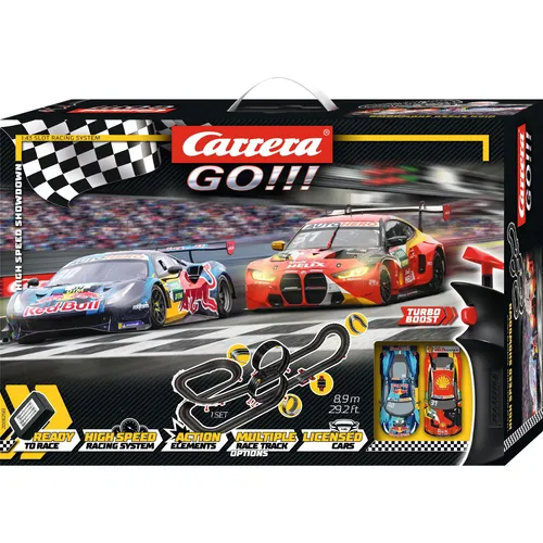 Carrera 20062561 GO!!! DTM High Speed Showdown - Analoges Slotcar-Rennspiel für 2 Spieler mit 8,9m Strecke, inklusive 2 DTM-Slotcars und zahlreichen Loopings. Ideal für Kinder ab 6 Jahren, fördert Geschicklichkeit und Wettkampfgeist.