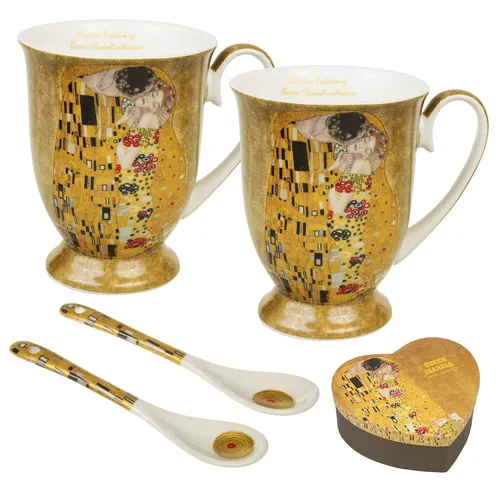 Kunstvolles Teebecher Set 'Der Kuss' von Klimt - Thermobehälter aus Porzellan, ideal für heiße Getränke. Set enthält 2 Teetassen (je 250ml) und Löffel, perfekt für Kunstliebhaber und besondere Anlässe.