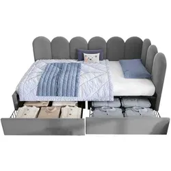 Redom Polsterbett Grau 90x200 cm – Elegantes Einzelbett mit Stauraum - Stylisches Polsterbett in Grau mit gepolsterter Rückenlehne, ideal für kleine Räume. Zwei Schubladen bieten praktischen Stauraum. Flexibel anpassbar durch austauschbare Seitenteile.
