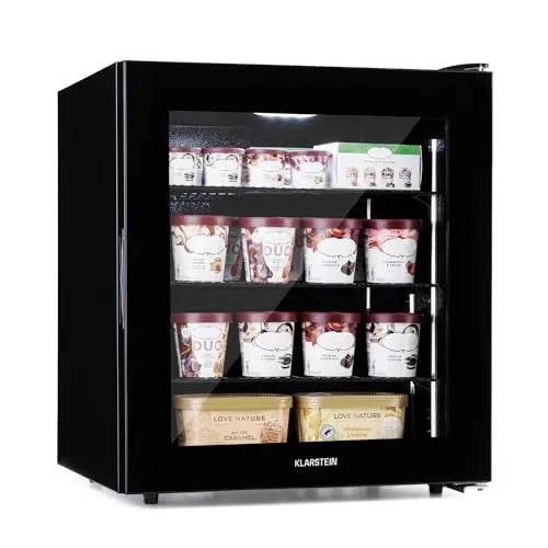 Klarstein IceAge Gefrierschrank - Tiefkühlschrank mit Glasfront, 88 Liter Volumen, individuell einstellbarer Temperatur von 0 bis -18 °C und energieeffizientem Design für kleine Räume.