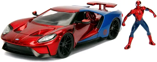 Jada Toys Marvel Spiderman 2017 Ford GT 1:24 Modellauto - Fahrzeuge & Rennwagen für Kinder – Original lizenziertes Modellauto mit öffnenden Flügeltüren und detailgetreuer Spiderman Figur, ideal für Sammler und echte Fans.