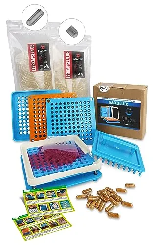 Kapselfüller Größe 1 + 1000 Leerkapseln, getrennte Gelatine Kapselhälften - kein vorheriges Öffnen nötig - Kapselfüllgerät [100 Löcher] zum selber befüllen - Filler Maschine