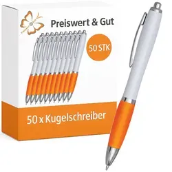 Kuli – Schreibgeräte mit Großraummine, Kugelschreiber Set – Druckmechanismus, blauschreibend, 14cm, Schreibset orange/weiß 50 x