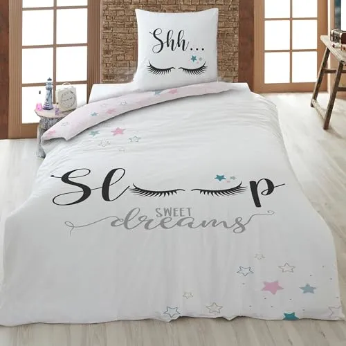 Familando Sweet Dreams Bettwäsche 135x200 - Alt-Rosa Wimpern & Sterne Design für Mädchen - Bettwaren-Set für Kinder, 100% Baumwolle, maschinenwaschbar und trocknergeeignet. Ideal für einen süßen Schlaf mit modernem Wende-Design!
