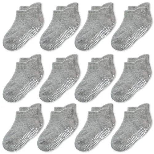 CozyWay Socken im nicht rutschfesten Knöchelstil mit Greifer, 12 Packungen für Jungen und Mädchen, solide grau, 1-3 Jahre