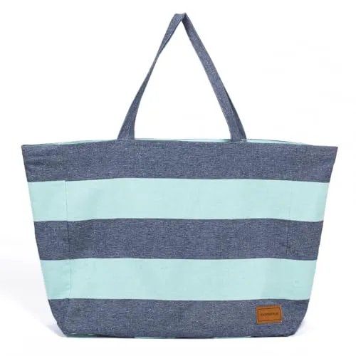 MOMOMUS Große Strandtasche XXL Familie - Wendbar, Gestreiftes und glattes Design, Geräumig - 50x40, Blau-Grün Meer
