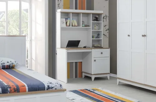 Holztisch Schreibtisch mit Regalen für das Kinderzimmer - Moderner Schreibtisch in Weiß mit 8 Regalfächern und 1 Schublade. Ideal für Kinder und Jugendliche, bietet viel Platz für Bücher und Arbeitsmaterialien. Perfekt für kreative Räume.