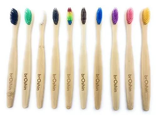 Broshin Zahnbürste aus Bambus biologisch abbaubar, umweltfreundlich und kompostierbar, mit weichen Borsten (10 Stück, Farben)