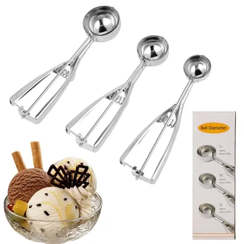 Eisportionierer Edelstahl 3er Set, 3 in 1 Eislöffel in Größen 4 cm / 5 cm / 6 cm, Robust & Rostfrei – Ideal für Eisbecher, Eiswaffeln und Obstzubereitung