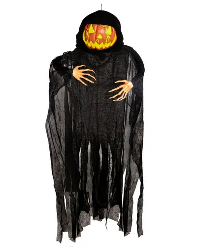 Horror-Shop Unheimliches Kürbis Phantom mit Flackerlicht - Gruselige Hängefigur für Halloween: Unheimliches Kürbis Phantom mit leuchtendem Kopf und aktivierenden Soundeffekten. Ideal für schaurige Deko und schockierende Überraschungen! Maße: 153 x 110 x 20 cm. (Batterien nicht enthalten)