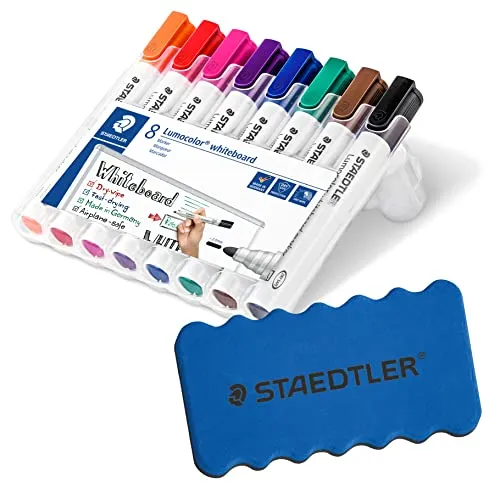 Staedtler Lumocolor 351 WP8 Whiteboardmarker, Rundspitze, 2 mm, aufstellbare Box mit 8 farben + original Staedtler Löscher