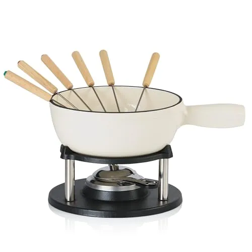 BBQ-Toro Gusseisen Fondue Set für 6 Personen - Fondueset für bis zu 6 Personen, ideal für gesellige Abende. Der gusseiserne Topf sorgt für gleichmäßige Wärmeverteilung und ist auf allen Herdarten, einschließlich Induktion, verwendbar.